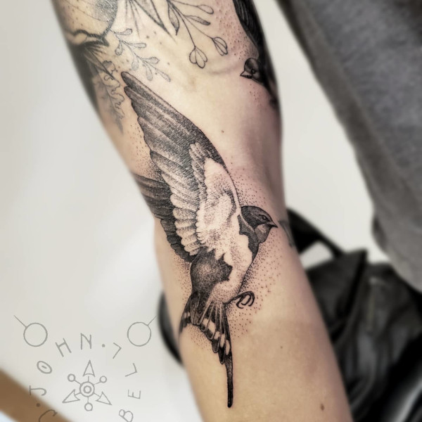 Realistic black and grey dotwork swallow tattoo. Book a custom tattoo with John at Sacred Mandala Studio - Durham, NC.